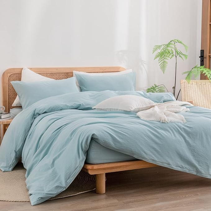 BESTOUCH Duvet Cover Set 100% Washed Cotton Linen Feel Super Soft Comfortable Chic Lightweight 2 PCs Home Bedding Set Solid Hushed Green Twin/Twin XL