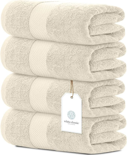 White Classic Luxury Bath Towels Set of 4 Large - 700 GSM Cotton Ultra Soft Bath Towels 27x54 | Highly Absorbent and Quick Dry | Hotel Towels for Bathroom Luxury, Plush Shower Towels, Ivory