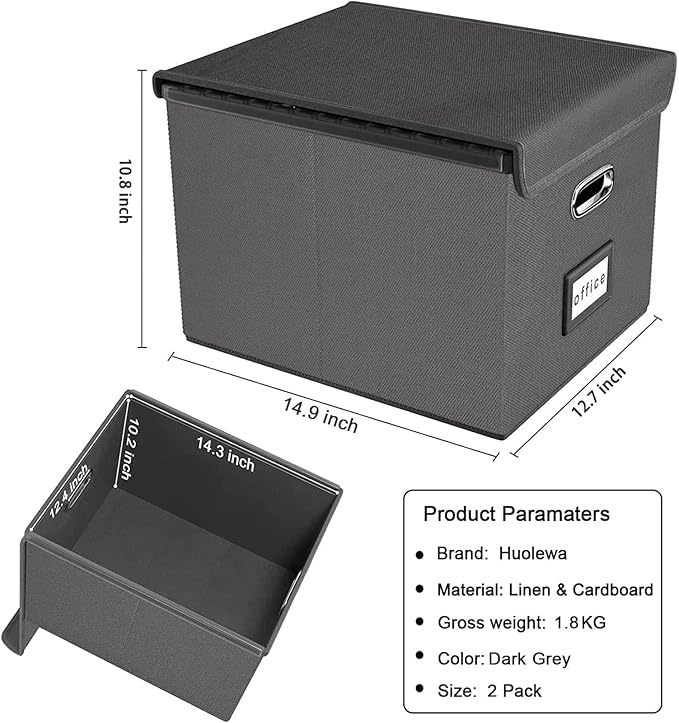 Huolewa File Organizer Boxes with Lids, Linen Office Document Storage Boxes, Filing Boxes, Decorative Small File Boxes for Hanging Files with Plastic Slide for Office/Cabinet/Decor/Home