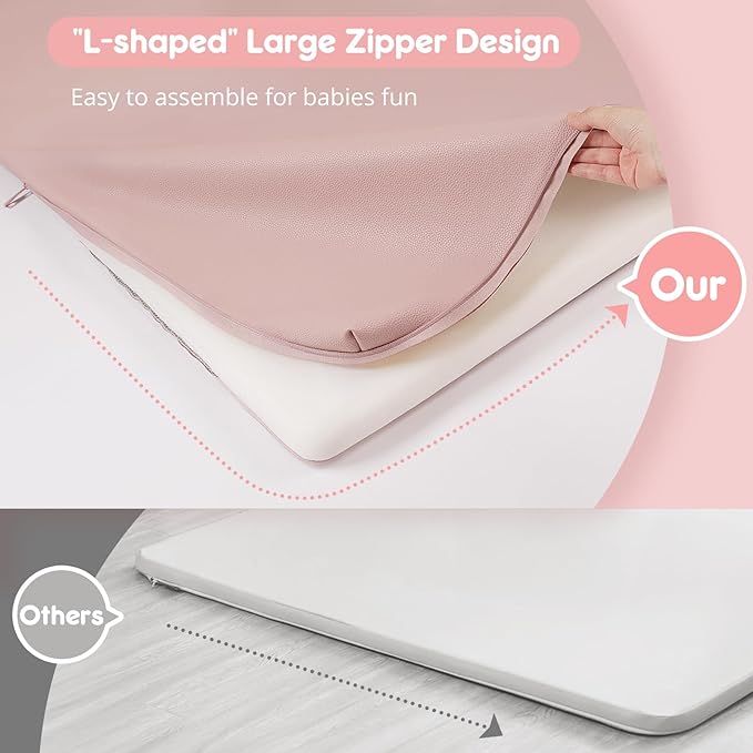 Padded Baby Play Mat, Super Soft Vegan Leather Floor Mat for Baby Girls and Boys, 48x48 Non-Slip Thick Foam Cushioned Play Mat for Babies 6-12 Months, Fits Nicely Into 50x50 Playpen Mat, Pink