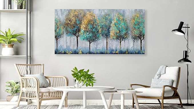 NINEASO Abstract Forest Canvas Wall Art - Teal Yellow Trees Pictures Grey Blue Earthy Wall Decor Modern Botanical Painting Print Artwork for Living Room Bedroom Home Office Decor 20" x 40"
