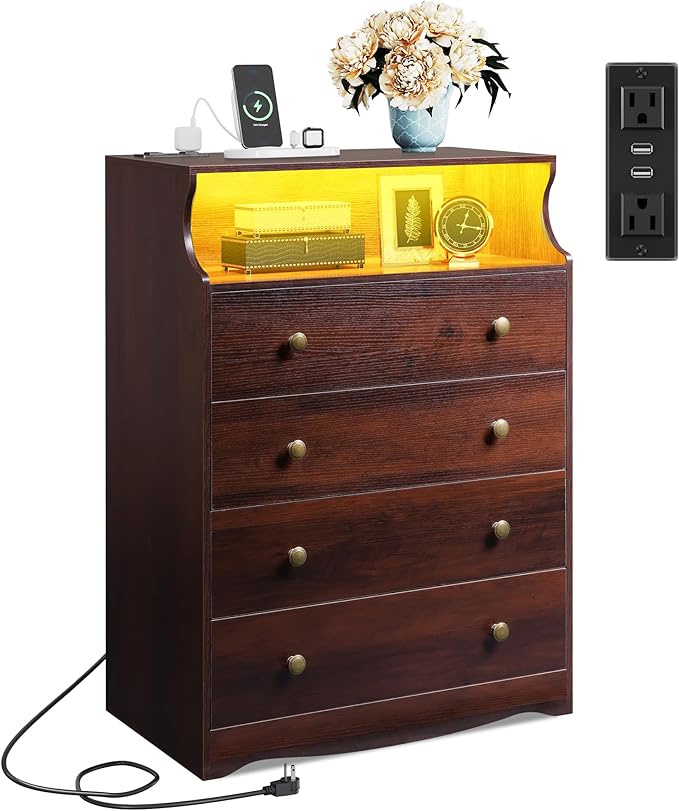 WLIVE Brown Dresser for Bedroom, Tall Wood Dresser with 4 Drawers and Open Shelf, LED Chest of Drawers with Charging Station and LED Lights for Living Room, Hallway, Closet, Rustic Brown