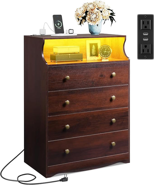 WLIVE Brown Dresser for Bedroom, Tall Wood Dresser with 4 Drawers and Open Shelf, LED Chest of Drawers with Charging Station and LED Lights for Living Room, Hallway, Closet, Rustic Brown