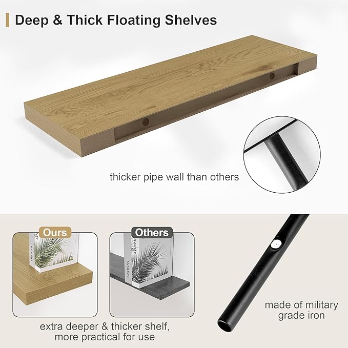Heimlove Oak Bathroom Shelves Floating Shelves for Wall Shelf Over Toilet Long Wall Mounted Modern Farmhouse,48 x 12 Wall Shelves with Invisible Brackets for Living Room, Kitchen, Bedroom