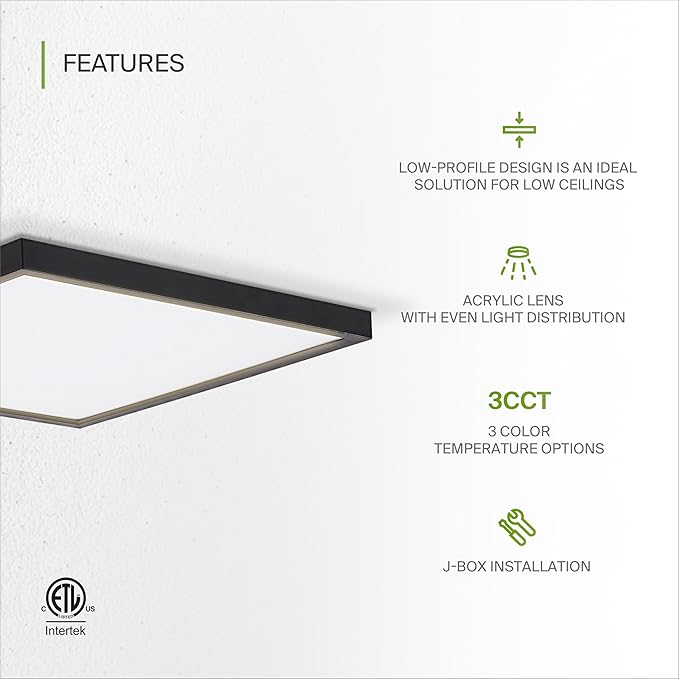 ASD LED 12" Square Flush Mount Ceiling Light Fixture, Low Profile Surface Lighting | 5CCT, Dimmable, Ultra-Thin, ETL Listed | 24W 1700LM 2700-6000K 120V | Kitchen, Hallway Lamp | Black, 4 Pack