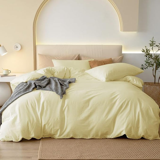 JIYUAN 100% Washed Cotton Duvet Cover Set 3 Pieces Full, 1 Duvet Cover 80x90 Inches(Comforter Not Included) and 2 Pillowcases,Linen Feel Bedding Set Comfy and Breathable,Light Yellow