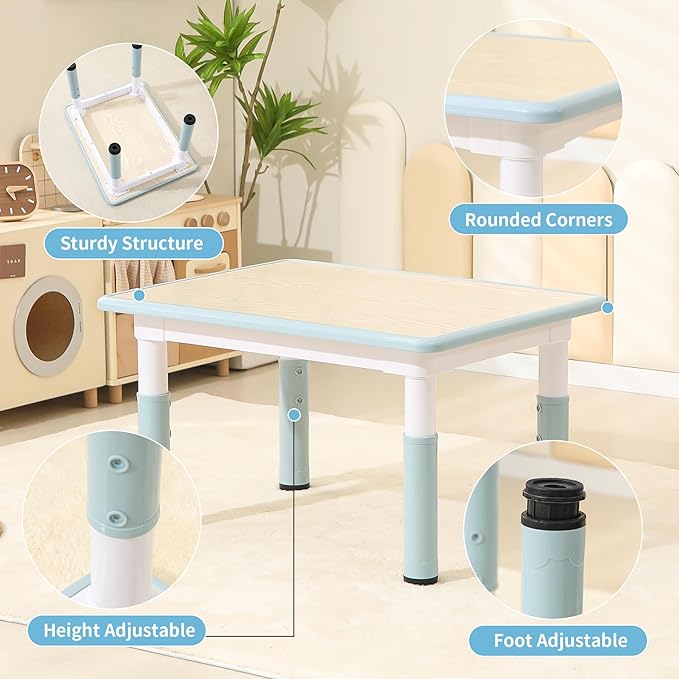 Toddler Table and Chairs, Kids Table and 4 Chairs Set with Graffiti Desktop, Height-Adjustable Kids Study Table for Boys and Girls Aged 3-8, Max 300lbs