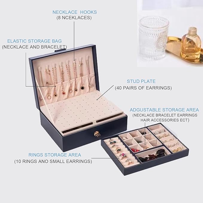 Jewelry Box Organizer for Women, Earring Organizer Holder with PU Leather for Birthday Christmas and New Year Gifts-Navy Blue