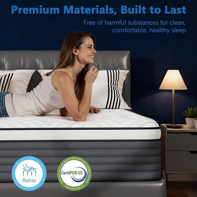 COOLMI King Size Mattress, 12 Inch Hybrid Memory Foam Mattress in a Box, Pressure Relief for Back Support, Medium Firm, Individually Pocket Springs, 100-Night Trial & CertiPUR-US Certified,Grey King