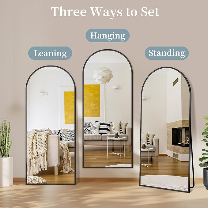 Full Length Mirror with Stand, 58"x18" Arched Full Body Mirror, Large Stand Up Aluminum Frame Floor Freestanding Hanging Leaning Mounted for Bedroom Living Room Entryway Black