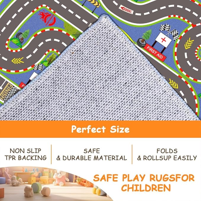 Kids Rug, Race Track Playmat Rugs 47×31 in Kids Carpet with Rubber Backing, Start and Finish line Racing Track Marking Car Road Race 3D Play Mat Nursery Rugs for Children Bedroom Playroom