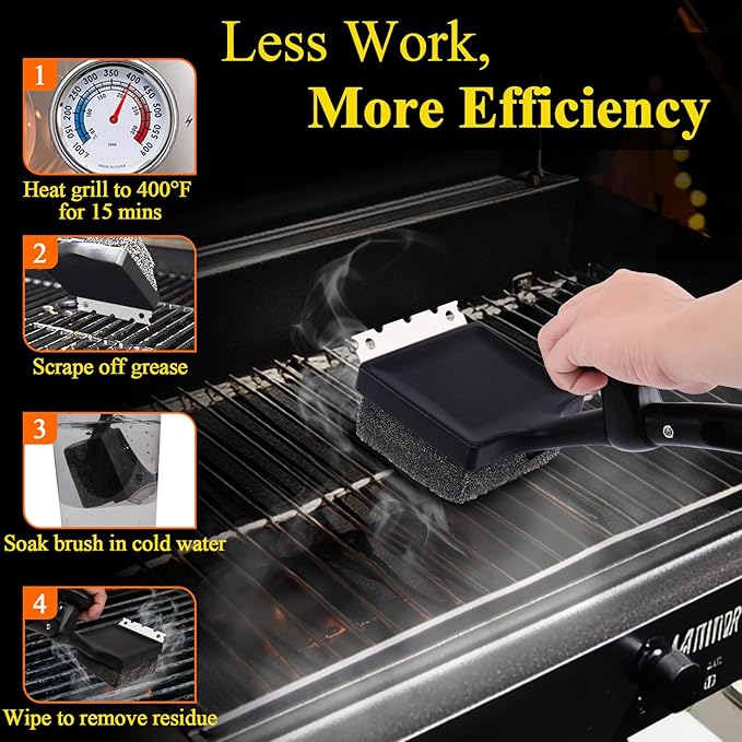 Grill Brush Bristle Free, 4 in 1 Grill Brush for Outdoor Grill with Replaceable Cleaning Head, Extra Long Safe Steam Grill Cleaner Brush with Scraper for Cast Iron, Stainless-Steel Grates