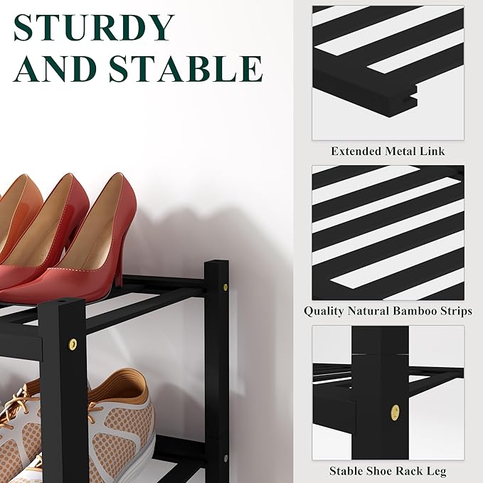 Smiry Bamboo Shoe Rack for Closet, 6 Tier Wooden Stackable Shoe Organizer, Free Standing Shoes Storage Shelf for Entryway, Front Door Entrance, Black