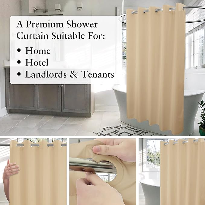 Extra Long No Hook Beige Shower Curtain or Liner - Soft Microfiber 84" Long Fabric Shower Curtain Liner Set, Machine Washable & Water Repellent, Beige, 71x86