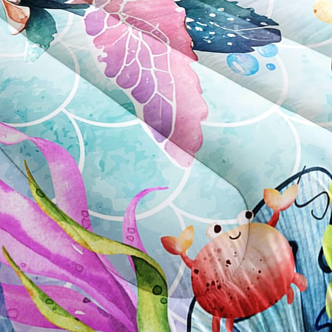 Kids Comforter Set Mermaid Scale Turtle Printed Pattern Bedding Set with 1 Comforter and 2 Pillowcases for Girls Boys Bedroom All Season(Turtle Full)