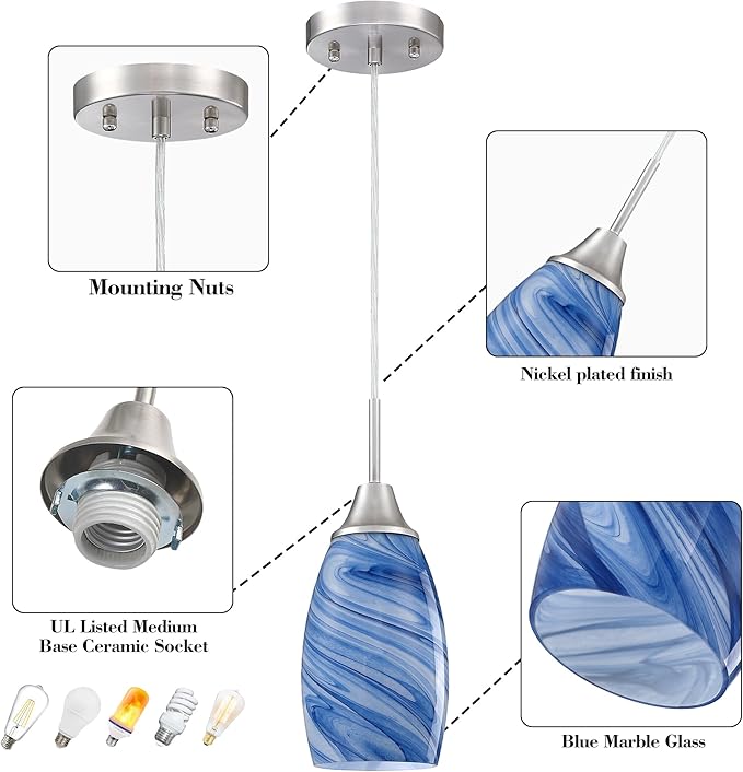 Mini Glass Pendant Light 1Pack Dark Blue Marble Art Glass Pendant Lights Kitchen Island Brushed Nickel Finish Hanging Light for Kitchen Over Sink,Dining Room,Foyer,Hallway