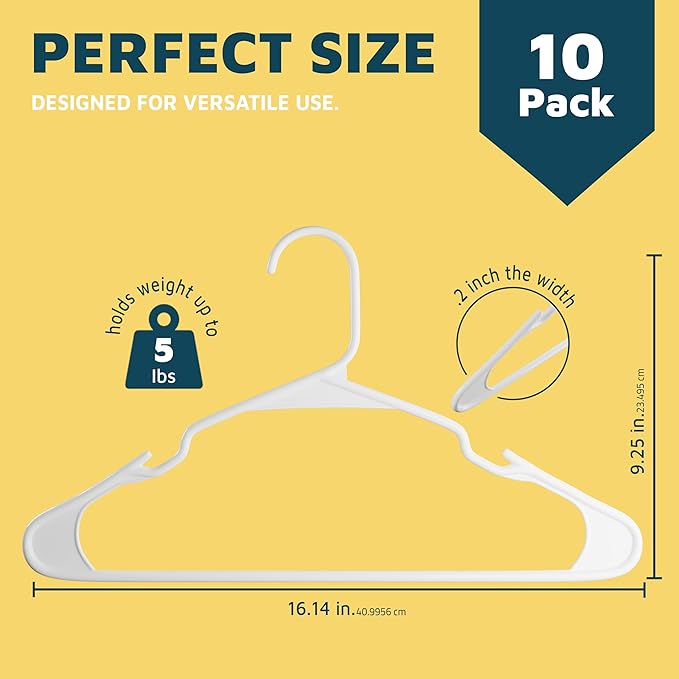 Plastic Clothes Hangers – Heavy Duty Hanger Set, for Organizing Clothes, Dresses, and Coat, Holds Up to 5 lbs, Space-Saving Hangers with Non-Slip Shoulder Grooves, Pack of 10, White
