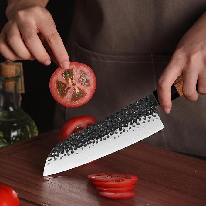 Santoku Chef Knife 7 inch Japanese 3 Layer 9CR18MOV High Carbon Steel Kitchen Knife, Professional Hand Forged Chef's Knife with Rosewood Handle