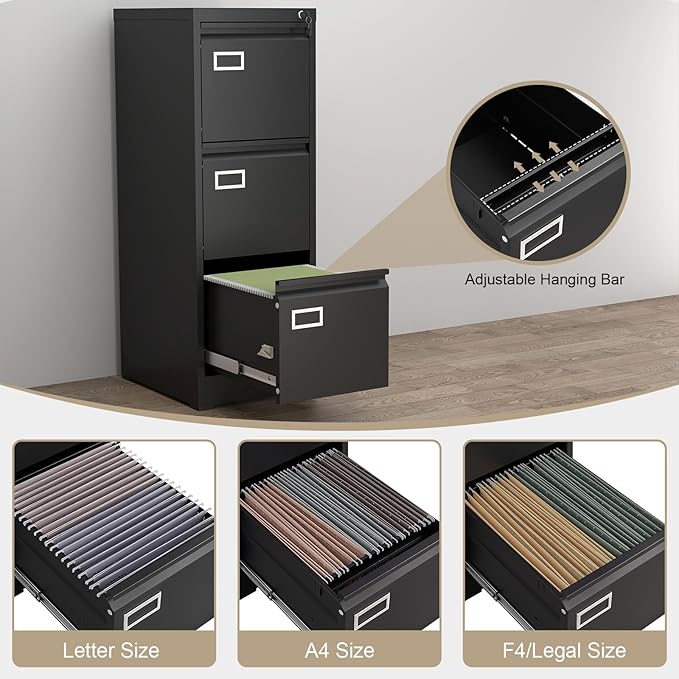 3 Drawer File Cabinet with Lock, Vertical Metal File Cabinets,Black Filing Cabinets for Home Office Fit Letter/A4/Legal Size File, Assembly Required