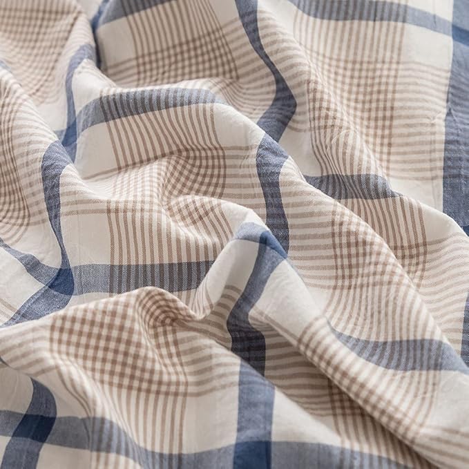 FACE TWO FACE Bedding Duvet Cover Set 3 Pieces 100% Washed Cotton Duvet Cover Linen Like Textured Breathable Durable Soft Comfy (California King,Blue Grid)