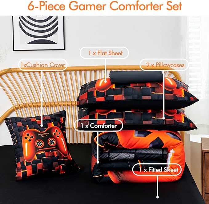 PERFEMET 6 Piece Orange Gaming Bedding Set Twin Size Game Console Boys Comforter Set with Sheets 3D Cool Soft Fluffy Video Gamer Bed in A Bag for Kids Teens(Orange, Twin)