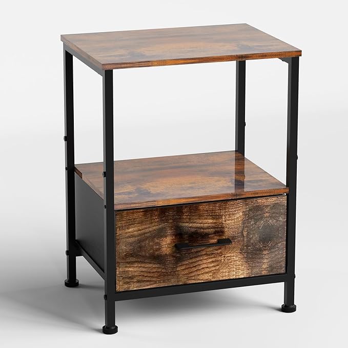 Side Table with Fabric Drawers,2-Tier Nightstand,End Table with Open Shelf for Bedroom, Living Room, Kitchen, Entryway, Rustic Brown