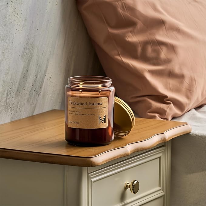 M&SENSE Teakwood Intense Home Scented Candle | 19.4oz, 116-Hour Burn | Natural Organic Soy Wax | Long-Lasting for Stress Relief and Gifting | for Bedroom，Relaxing SPA，Office