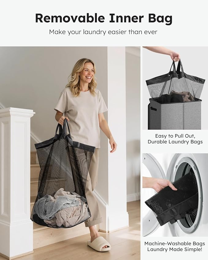 SOLEDI Laundry Hamper with Lid 130L Large & Tall Collapsible Laundry Basket, Clothes Hamper with Bag Removable Easy to Carry, Dirty Hampers for Bedroom, Bathroom, Dorm, College, Grey