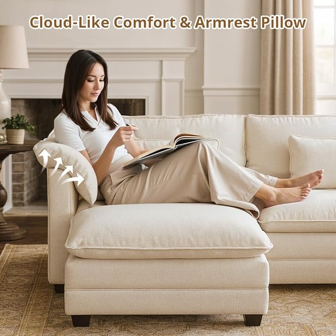 COMHOMA 120" L Shaped Sectional Sofa with Movable Ottoman,Comfy Cloud Modular Couch with Throw Pillows,Modern Chenille Deep Seat Sofa Couches for Living Room,Beige