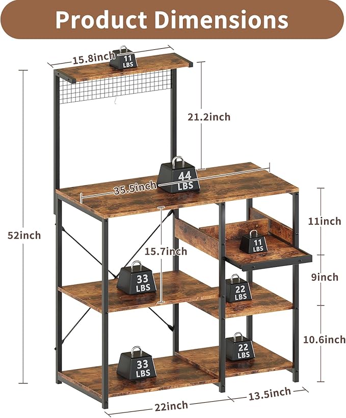 Zenira 7 Tiers Kitchen Bakers Rack with Storage Shelves, 36 Inch Microwave Stand, Coffee Bar Cart Station with 3 S Hooks, Kitchen Shelves for Pantry, Spices, Pots, Utensils, Rustic Brown