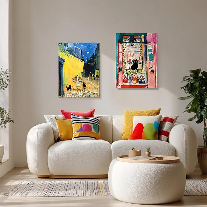 FASWQ Whimsical Black Cat Wall Art, Van Gogh Matisse Picasso Wall Decor, Funny Bathroom Canvas Paintings, Cute Animal Aesthetic Pictures for Living Room Kids' Room Framed Ready to Hang 16"x24"x3