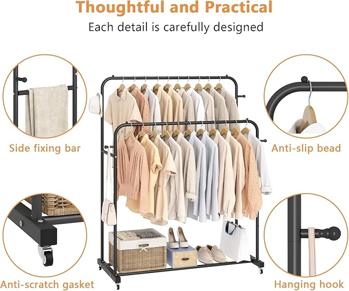 Laiensia Double Rods Garment Rack with Wheels, Clothing Rack for Hanging Clothes,4 Hooks, Multi-functional Bedroom Clothes Rack, Black