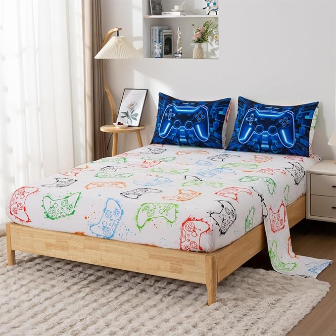 NTBED 5pcs Game Console Comforter Set for Boys Girls Kids 3D Gaming Block Bed in a Bag Lightweight Microfiber Gamer Bedding Sets (Blue, Twin)