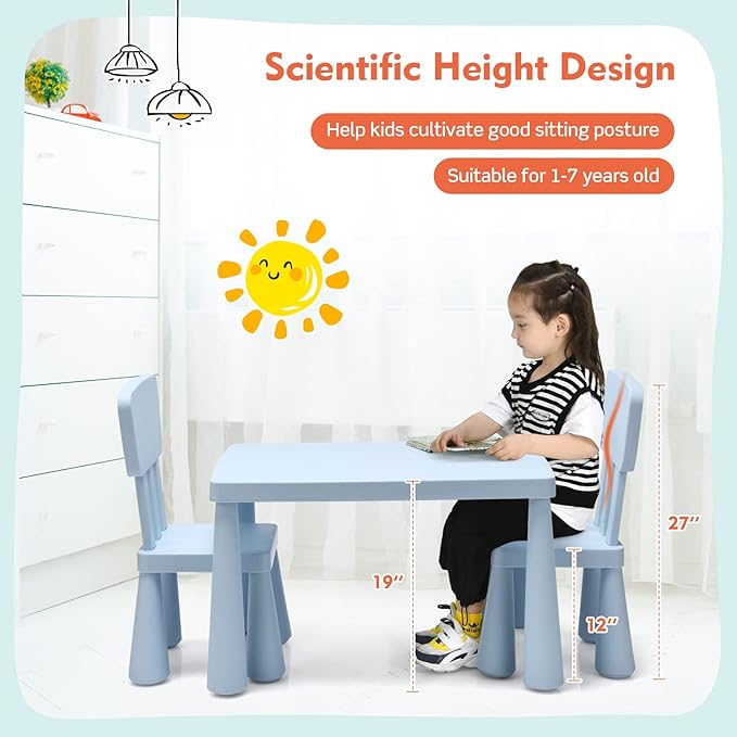 LDAILY Kids Table and Chairs, 3-Piece Children Arts Nursery Furniture for Drawing, Reading, and Painting, Light Weight Plastic Activity Kids Desk and Chair Set for Playroom, Kindergarten (Blue)