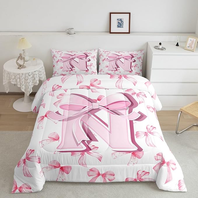 jejeloiu Kids Girls Cute Pink Bow Comforter Set King Size Monogrammed Bedding Set Ultra Soft Personalized Initial N Duvet Quilt Coquette Bow Knot Quilt Set Room Decor Modern Fashion Comforter