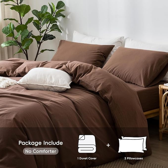 MooMee Bedding Duvet Cover Set 100% Washed Cotton Linen Like Textured Breathable Durable Soft Comfy (Solid Cocoa Brown, Full 80"x90")