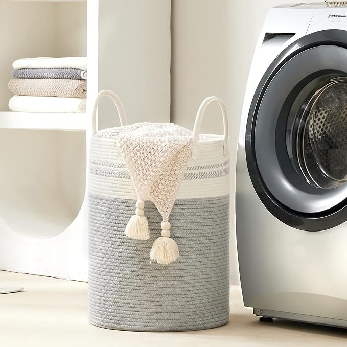 Woven Rope Laundry Hamper Basket, 58L Tall Luandry Basket, Baby Nursery Hamper for Blanket Storage, Clothes Hamper for Laundry in Bedroom-Grey