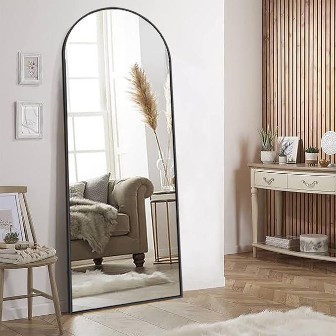 Arched Floor Mirror, 56"x20" Full Length Mirror, Standing Mirror Hanging or Leaning, Body Mirrors with Stand, Wall Mounted Arched-Top Mirrors with Aluminum Frame for Bedroom (Black)