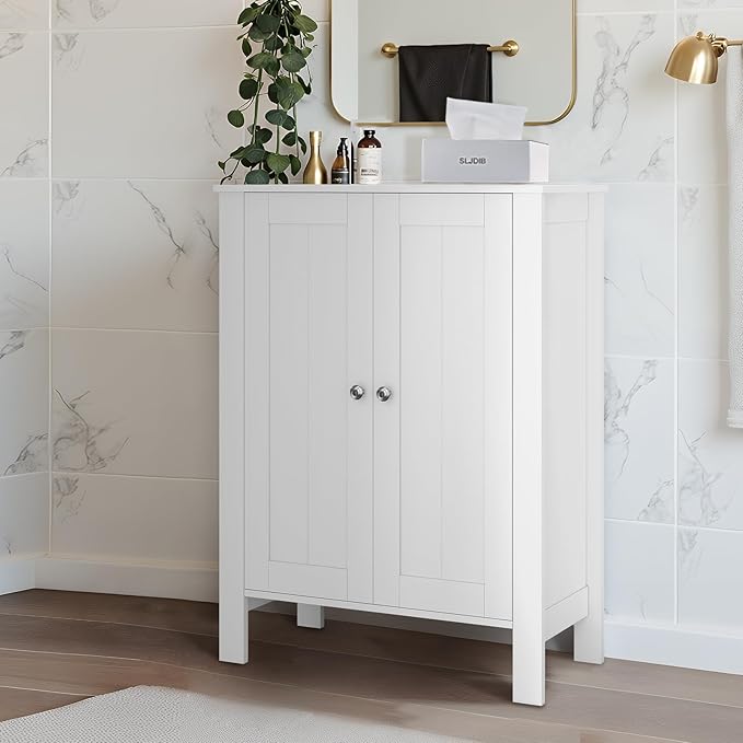 Bathroom Cabinet, Modern Bathroom Floor Storage Cabinet, Freestanding Organizer with Adjustable Shelves & Double Doors, 3-Tier Home Living Room Furniture