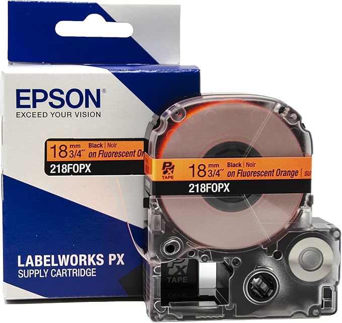 Epson LABELWORKS 218FOPX Genuine PET (Polyester) Tape Cartridge - Black on Fluorescent Orange Label Maker Tape - 3/4" (18MM) Wide, 30'