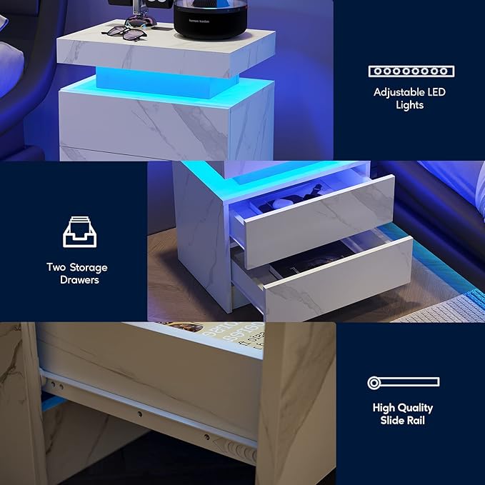 LED Nightstands, Modern End Side Table with 2 Drawers, LED Bedroom Furniture for Bedroom and Living Room, White Marble Pattern