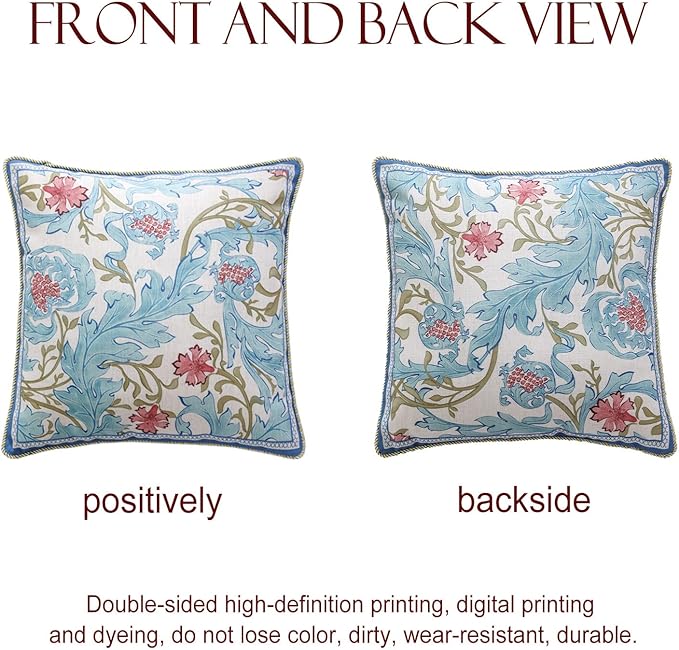 patdrea Designer Throw Pillow Covers for Couch 18"x18",Vintage French Linen Pillows Cover with Blue Floral Pattern,Fall Luxury Farmhouse Decorative Pillowcases for Bed Living Room Outdoor Set of 2