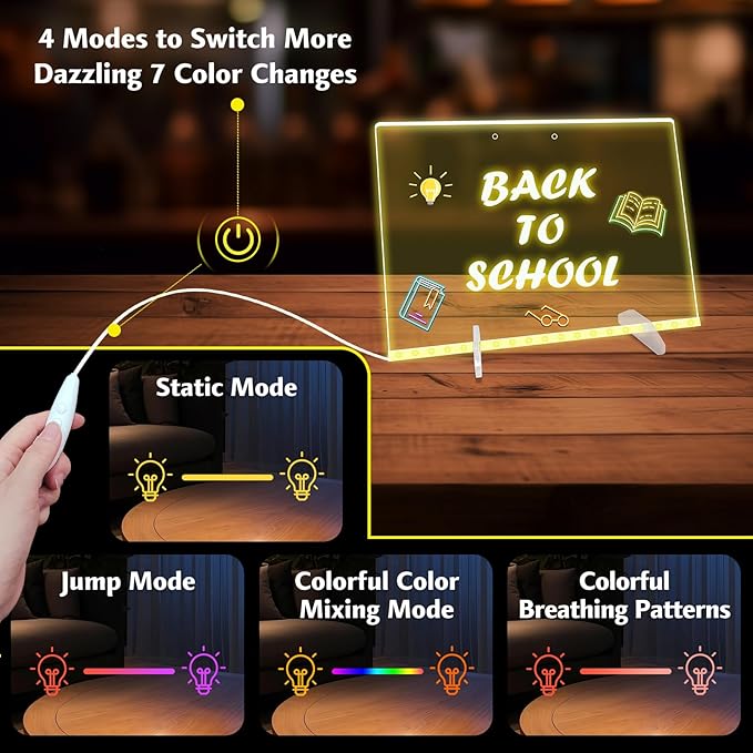 LED Note Board with Colors, 13.8"X10" 4 Modes & 7 Colors Led Acrylic Message Board with Light, Light up Acrylic Dry Erase Board, Led Drawing Board with Stand, Hanging Chain, 7 Markers, Spray Bottle