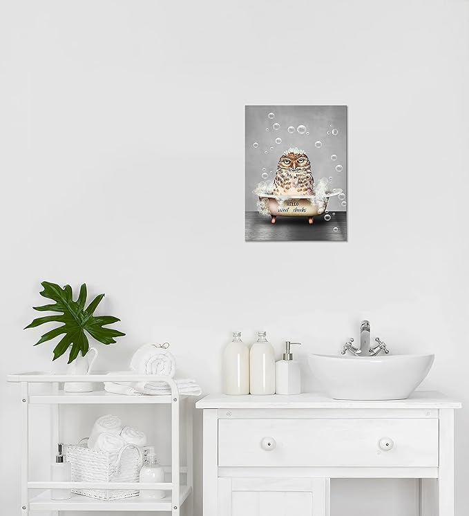 Funny Owl Bathroom Wall Art Farmhouse Animal Owl In Bathtub Pictures Wall Decor Bubble Bath Bathroom Pictures For Wall Canvas Prints Painting Artwork Home Decorations For Bathroom Framed 12"x16"