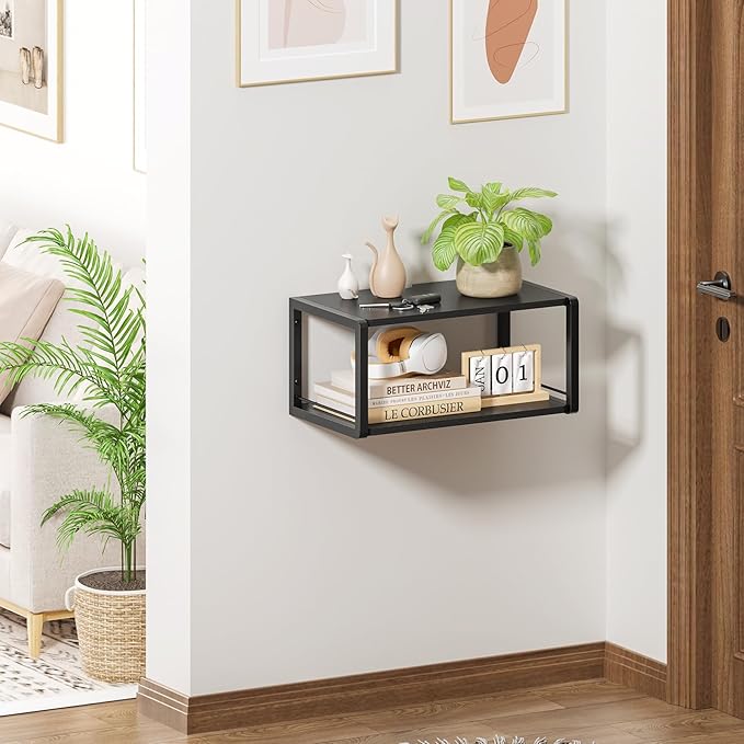 Floating Nightstand, Wood Bedside Shelf Wall Mounted Nightstand with Heavy-Duty Frame, Floating Bedside Table for Bedroom, Bathroom, Kitchen, (Vintage Black, 1 Pack)