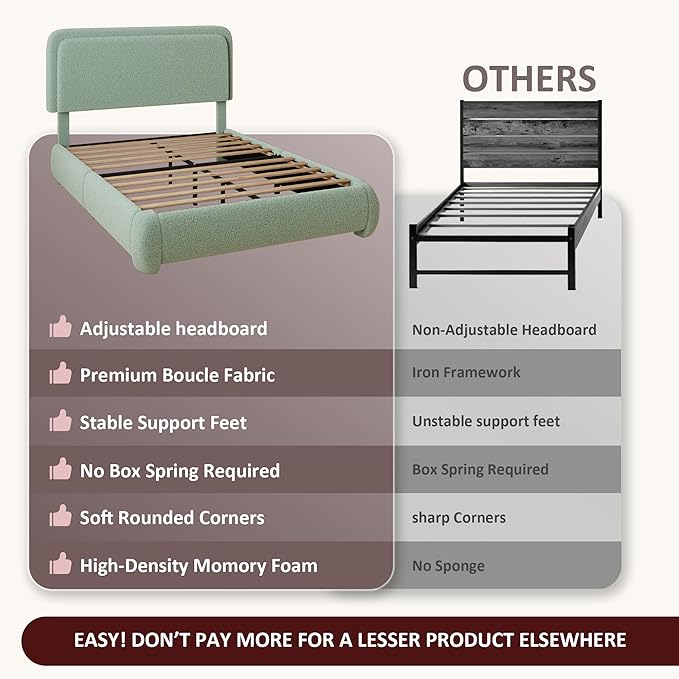 Full Boucle Platform Bed Frame with Height Adjustable Headboard, Modern Upholstered Cloud Bed, Sleek Curved Design, No Box Spring Needed, Easy Assembly, Noise Free,Green