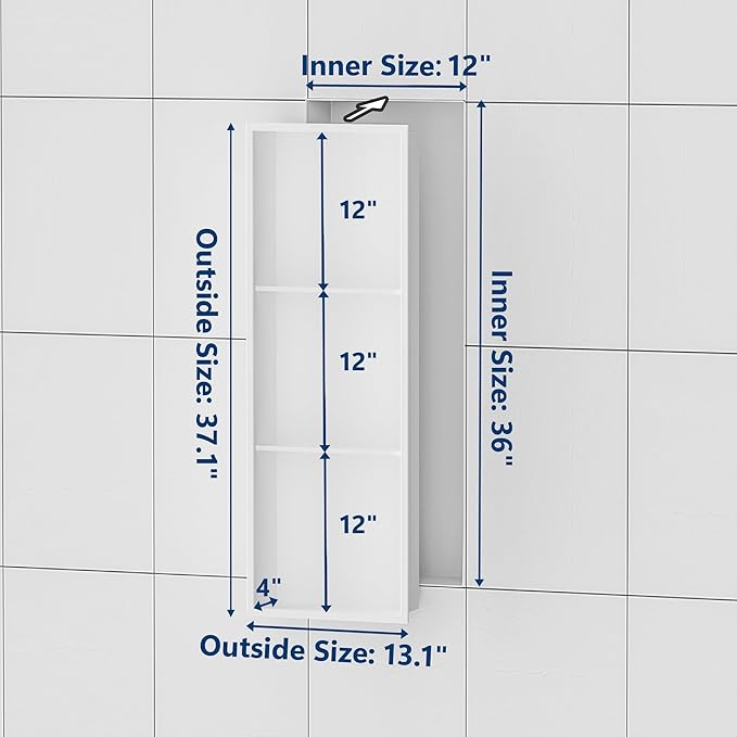 Stainless Steel Shower Niche 12" X 36", No Tile Needed Wall Niche Three-Tier, Recessed Shower Shelf for Bathroom Storage, Matte White