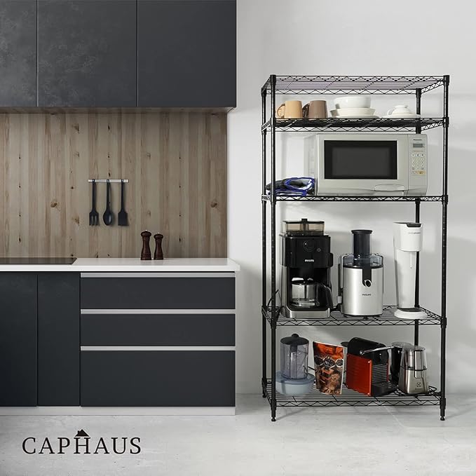 CAPHAUS NSF Adjustable Height Wire Shelving Unit w/Liner, Basement Storage Shelving, Metal Steel Storage Shelves, Garage Shelving Storage Organizer, Utility Shelf, 4-Tier W/Wheels W/Liners, Black