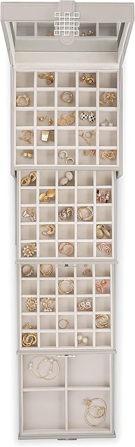 Earring Organizer Holder - 75 Small & 4 Large Slots Classic Jewelry Box with Drawer & Modern Closure, Mirror, 4 Trays Earrings, Ring or Chain Storage - PU Leather Case - Grey
