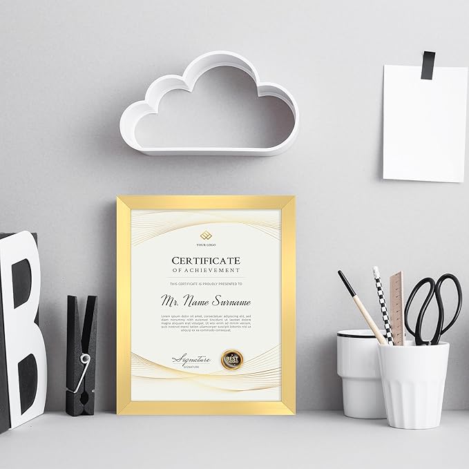 8.5x11 Picture Frame set of 6, Multi Certificate 8.5 by 11 Picture Frames Bulk, Document Diploma Award Frame, Wall Hanging or Tabletop Display, Gold